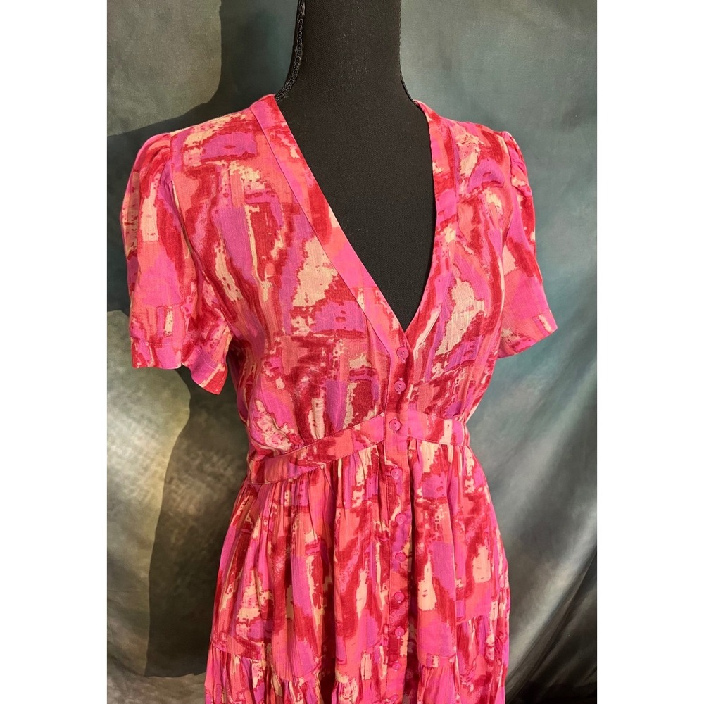 Ba&sh Pink Talita Abstract Print V Neck‎ Short Sleeve Mini Dress Size Small - Picture 4 of 7